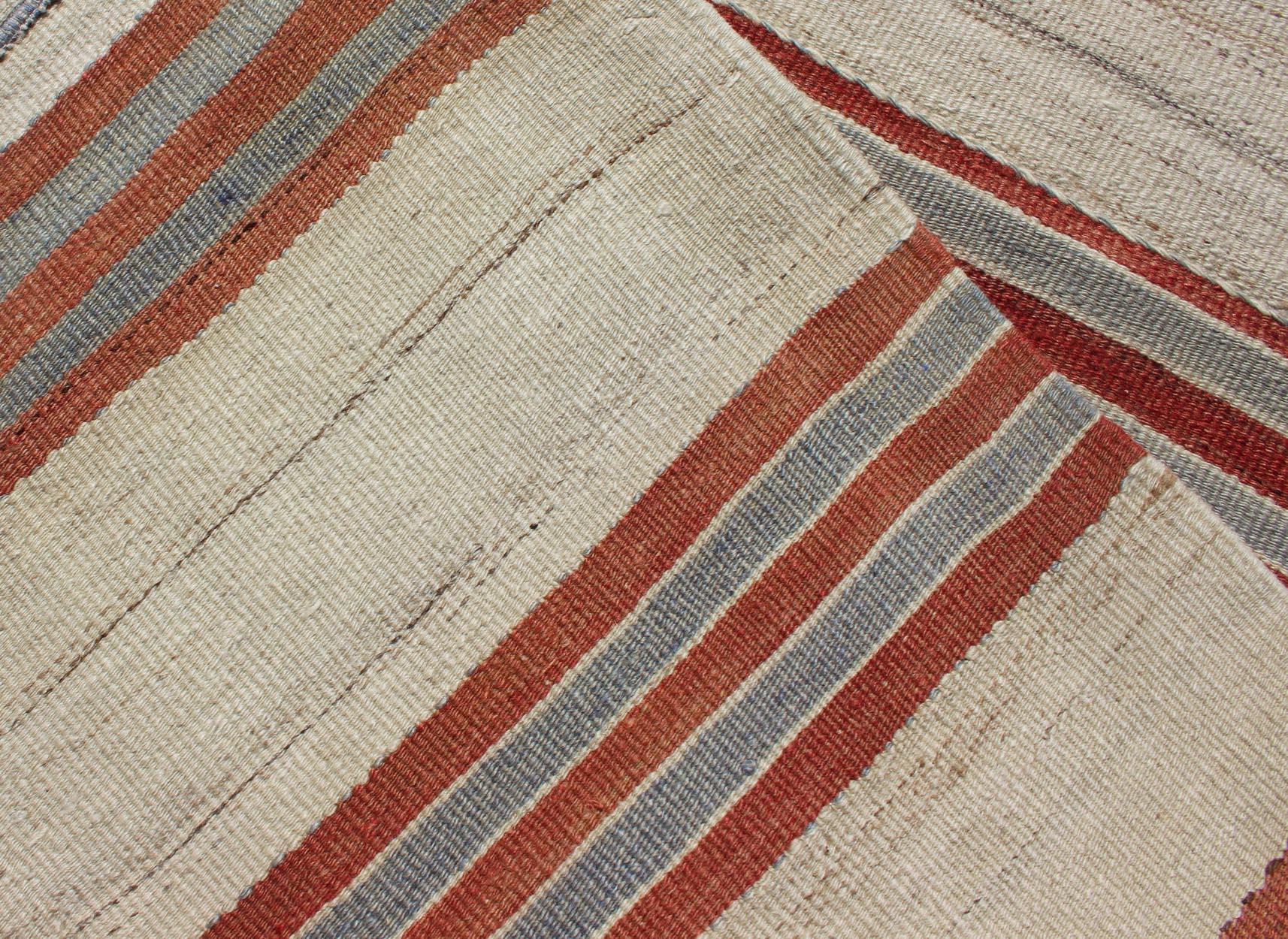 Wool Vintage Hand Woven Turkish Kilim Runner with Stripe and Modern Design  For Sale