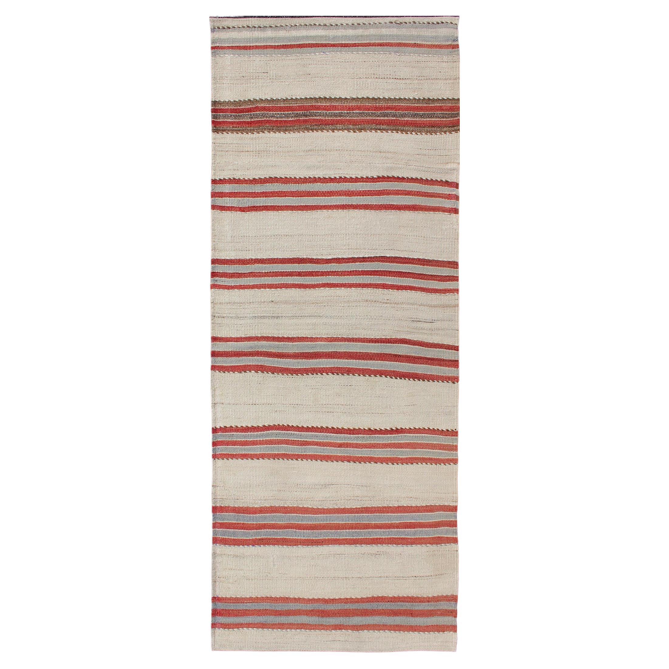 Vintage Hand Woven Turkish Kilim Runner with Stripe and Modern Design  For Sale