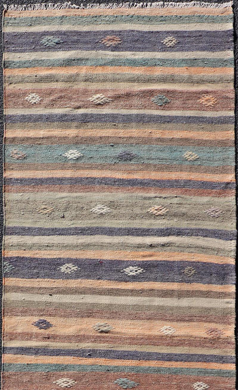 Measures: 2'9 x 9'4 
Vintage Hand Woven Turkish Kilim Runner with Stripe and Modern Motif Design. Keivan Woven Arts / rug TU-NED-5007, country of origin / type: Turkey / Kilim, circa 1950
This vintage flat-woven Kilim runner features a minimalist