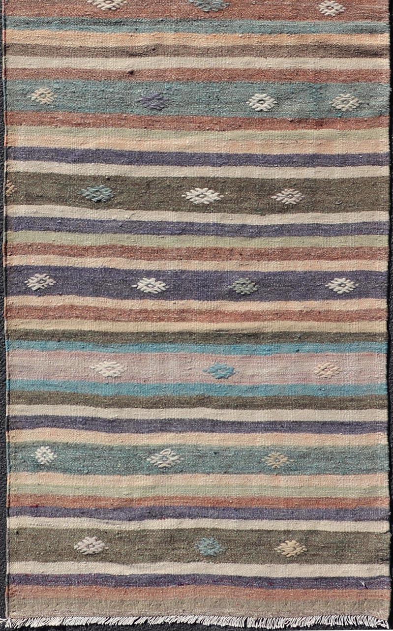 Vintage Hand Woven Turkish Kilim Runner with Stripe and Modern Motif Design  In Good Condition For Sale In Atlanta, GA