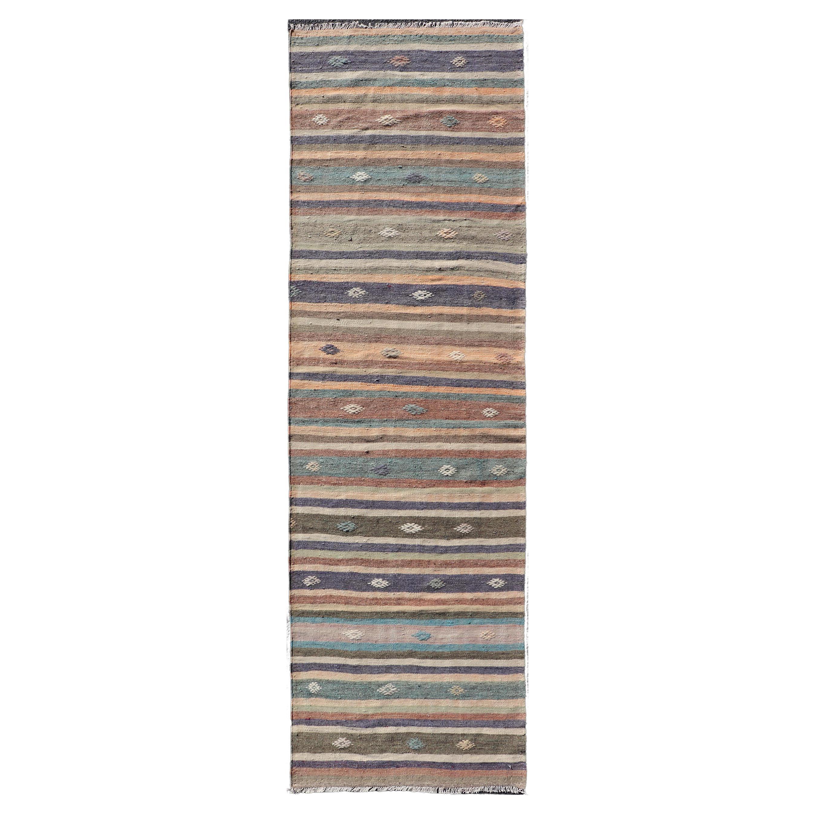 Vintage Hand Woven Turkish Kilim Runner with Stripe and Modern Motif Design  For Sale
