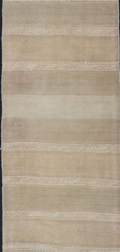 Vintage Hand Woven Turkish Kilim Runner with Stripes Blue, Pink, Cream and Tan