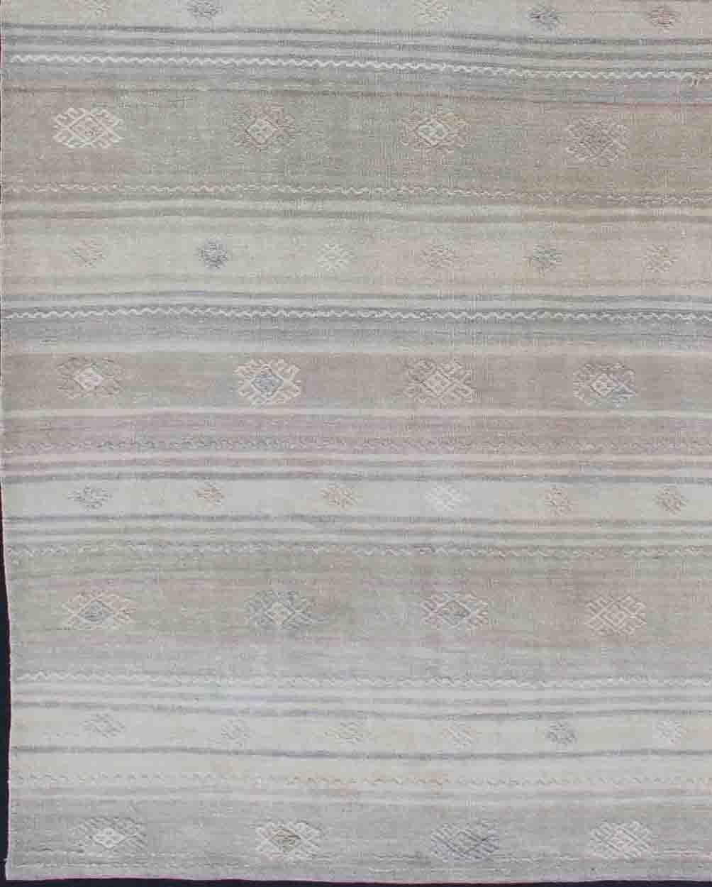 Vintage Turkish Kilim Runner with Stripes, Keivan Woven Arts / rug EN-176426, country of origin / type: Turkey / Kilim, circa mid-20th Century.

Featuring a repeating horizontal stripe design, with an assortment of geometric motifs throughout,