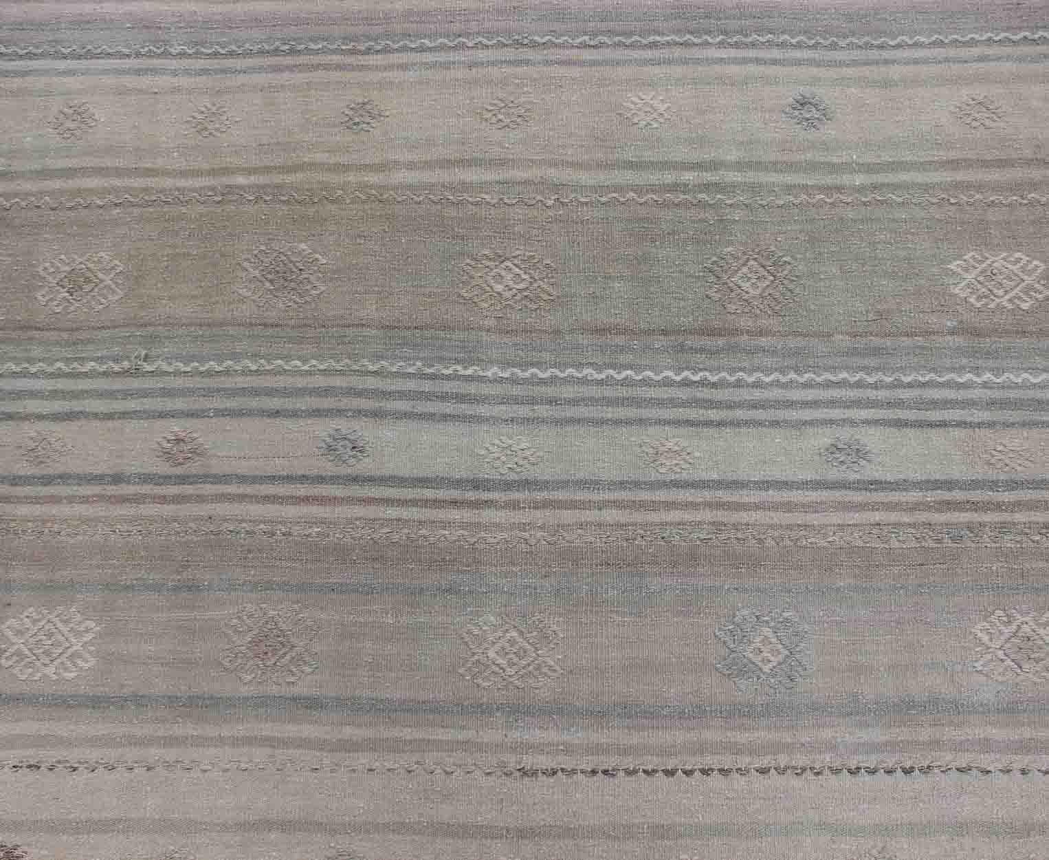 Vintage Hand Woven Turkish Kilim Runner With Stripes in Gray and Natural Tones In Good Condition For Sale In Atlanta, GA