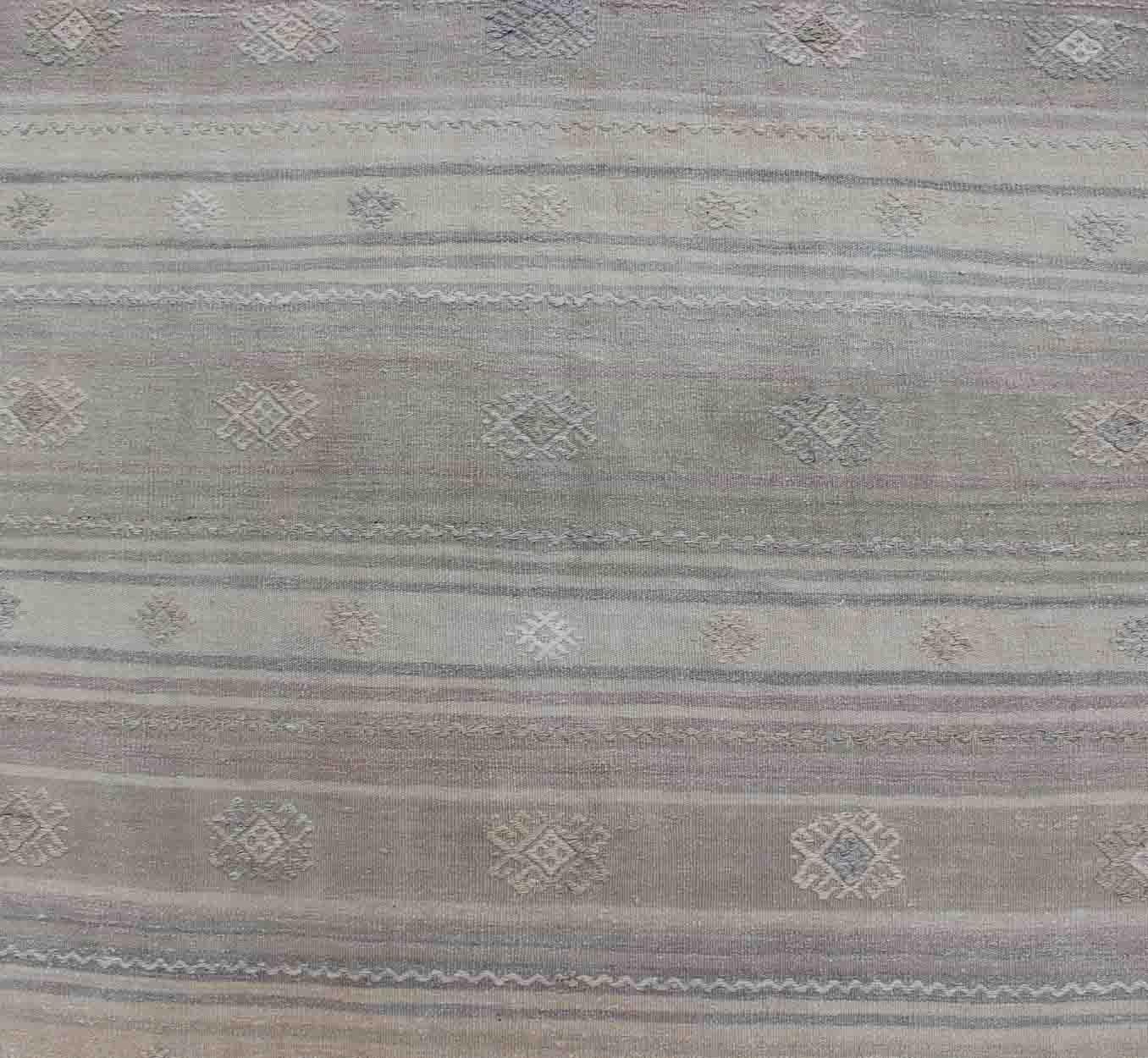 20th Century Vintage Hand Woven Turkish Kilim Runner With Stripes in Gray and Natural Tones For Sale