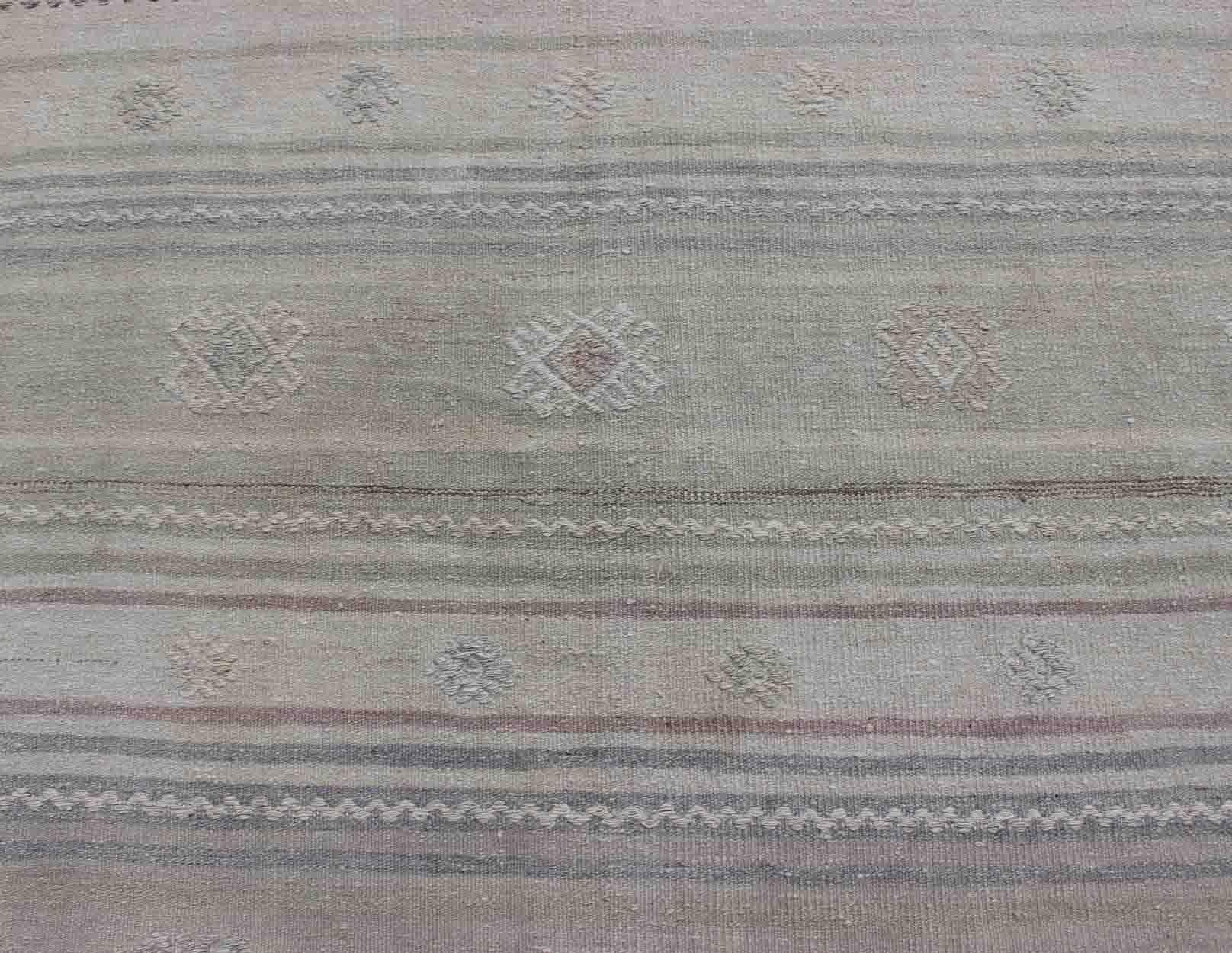 Wool Vintage Hand Woven Turkish Kilim Runner With Stripes in Gray and Natural Tones For Sale