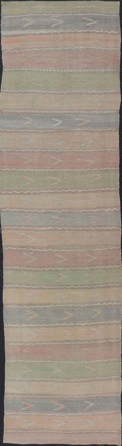 Vintage Hand Woven Turkish Kilim Runner with Stripes in Multi Soft Colors