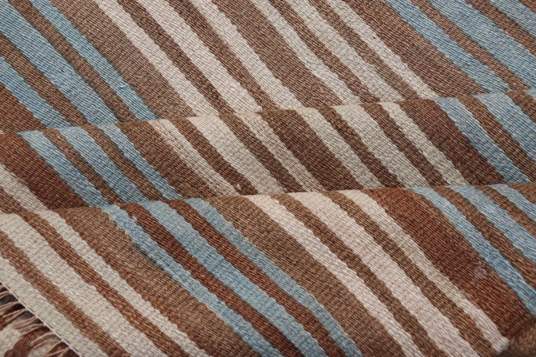 Vintage Hand Woven Turkish Kilim with Stripes in Brown, Cream and Light Blue For Sale 5