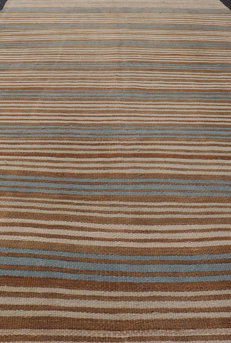 Hand-Woven Vintage Hand Woven Turkish Kilim with Stripes in Brown, Cream and Light Blue For Sale