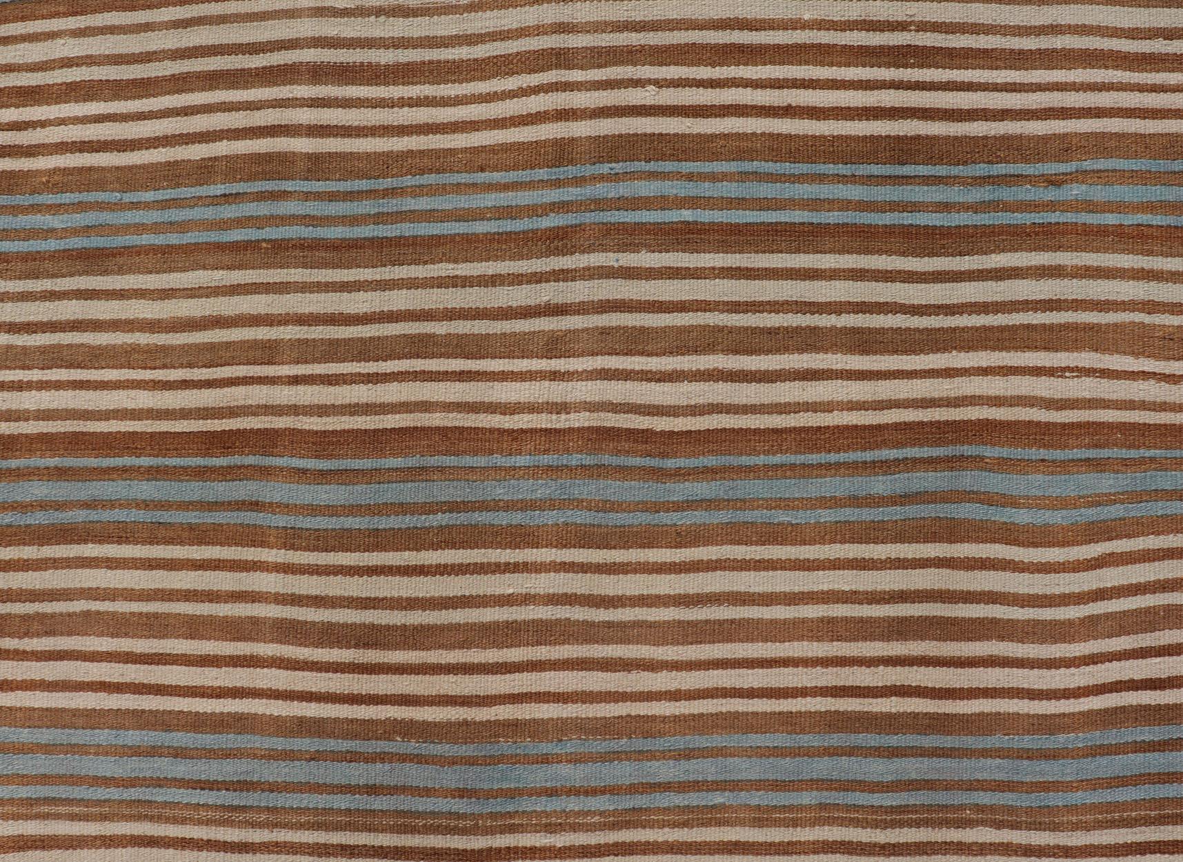 Vintage Hand Woven Turkish Kilim with Stripes in Brown, Cream and Light Blue In Good Condition For Sale In Atlanta, GA