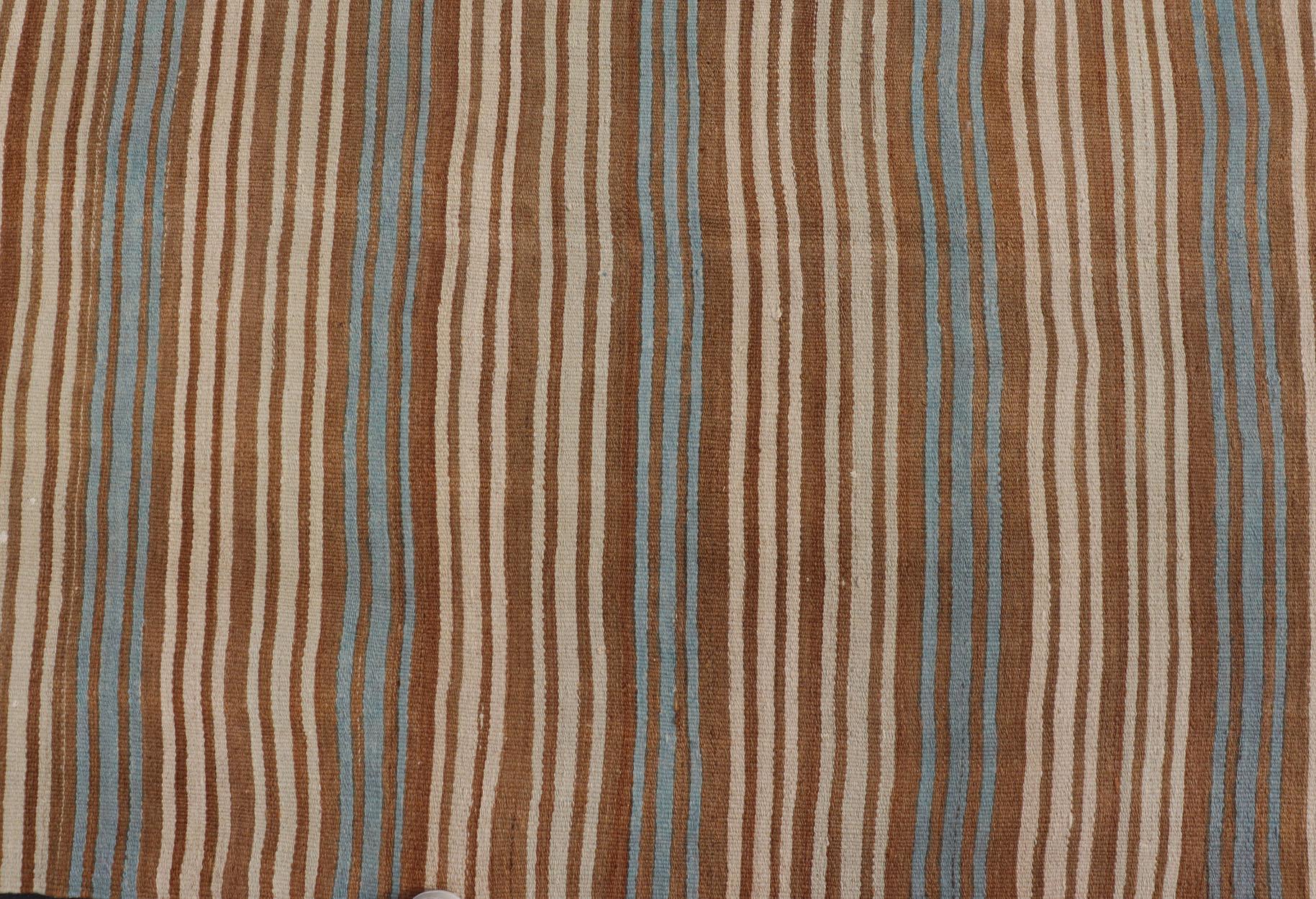 20th Century Vintage Hand Woven Turkish Kilim with Stripes in Brown, Cream and Light Blue For Sale