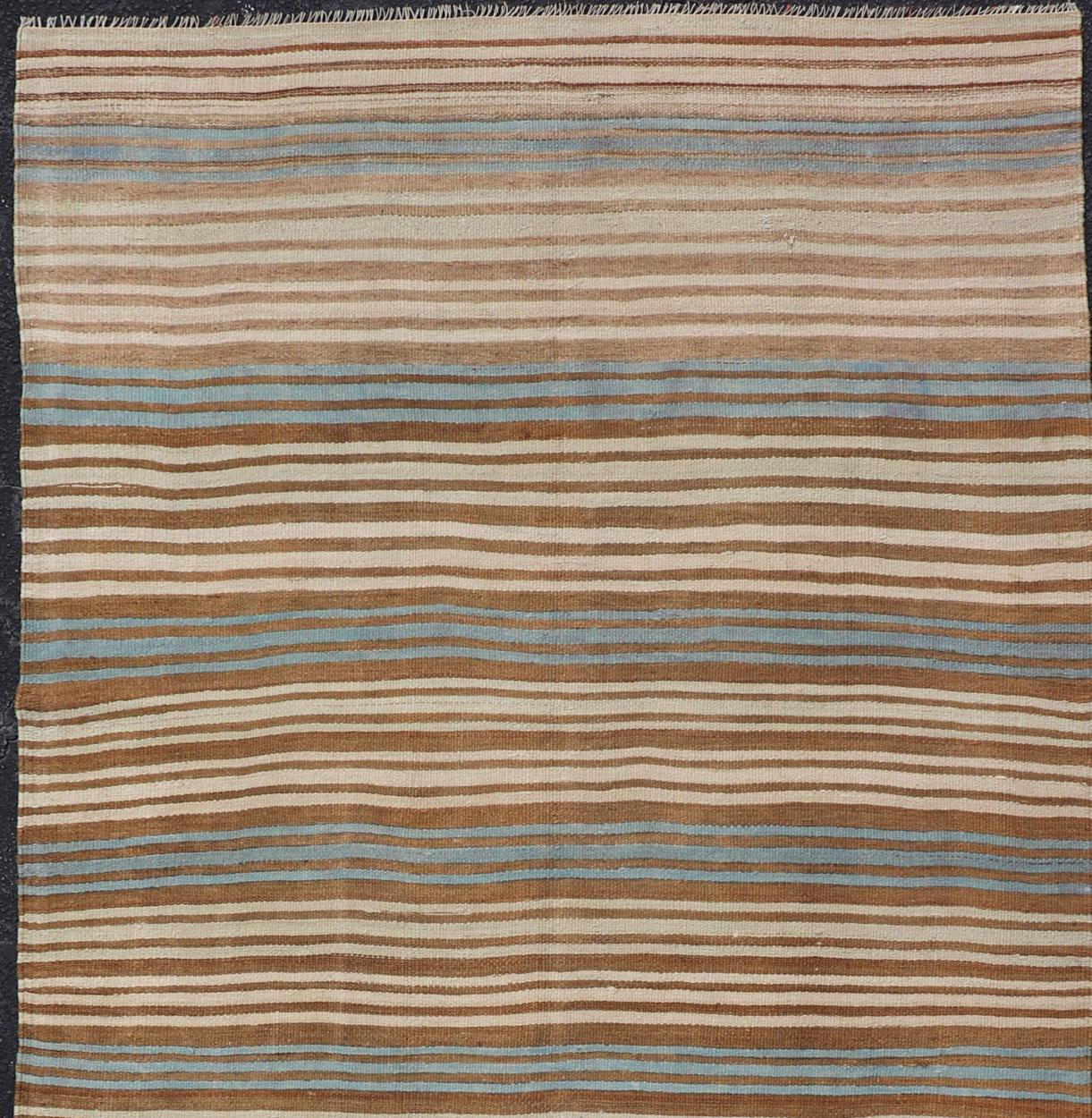 Wool Vintage Hand Woven Turkish Kilim with Stripes in Brown, Cream and Light Blue For Sale