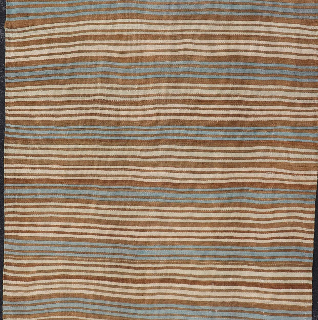 Vintage Hand Woven Turkish Kilim with Stripes in Brown, Cream and Light Blue For Sale 1