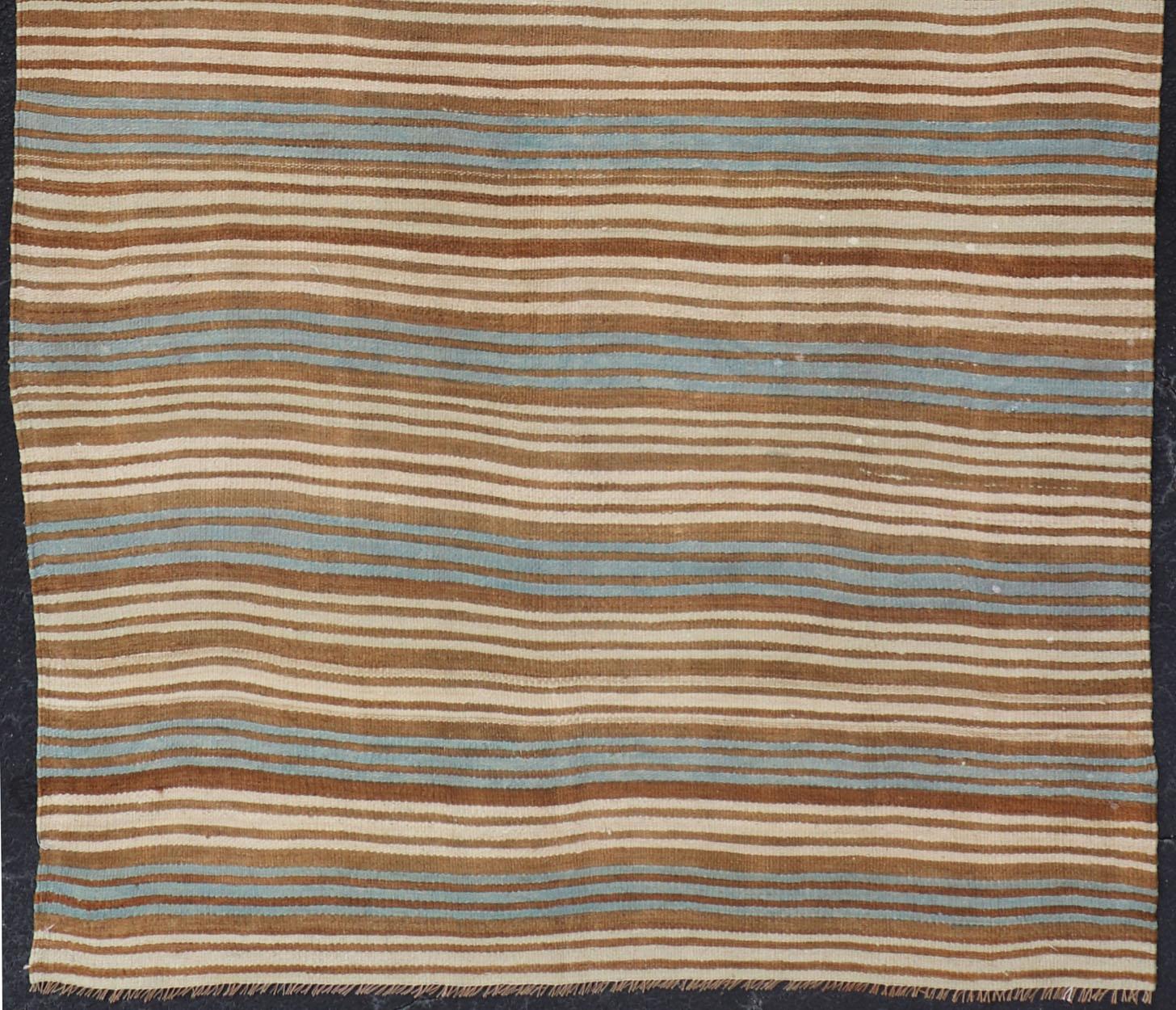 Vintage Hand Woven Turkish Kilim with Stripes in Brown, Cream and Light Blue For Sale 2