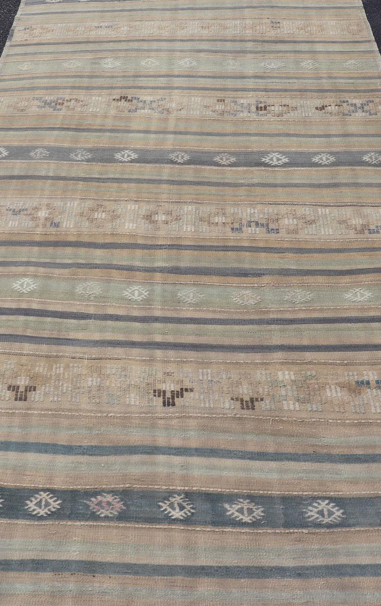 Hand-Woven Vintage Hand Woven Turkish Kilim with Stripes in Light Taupe and Neutral Colors For Sale