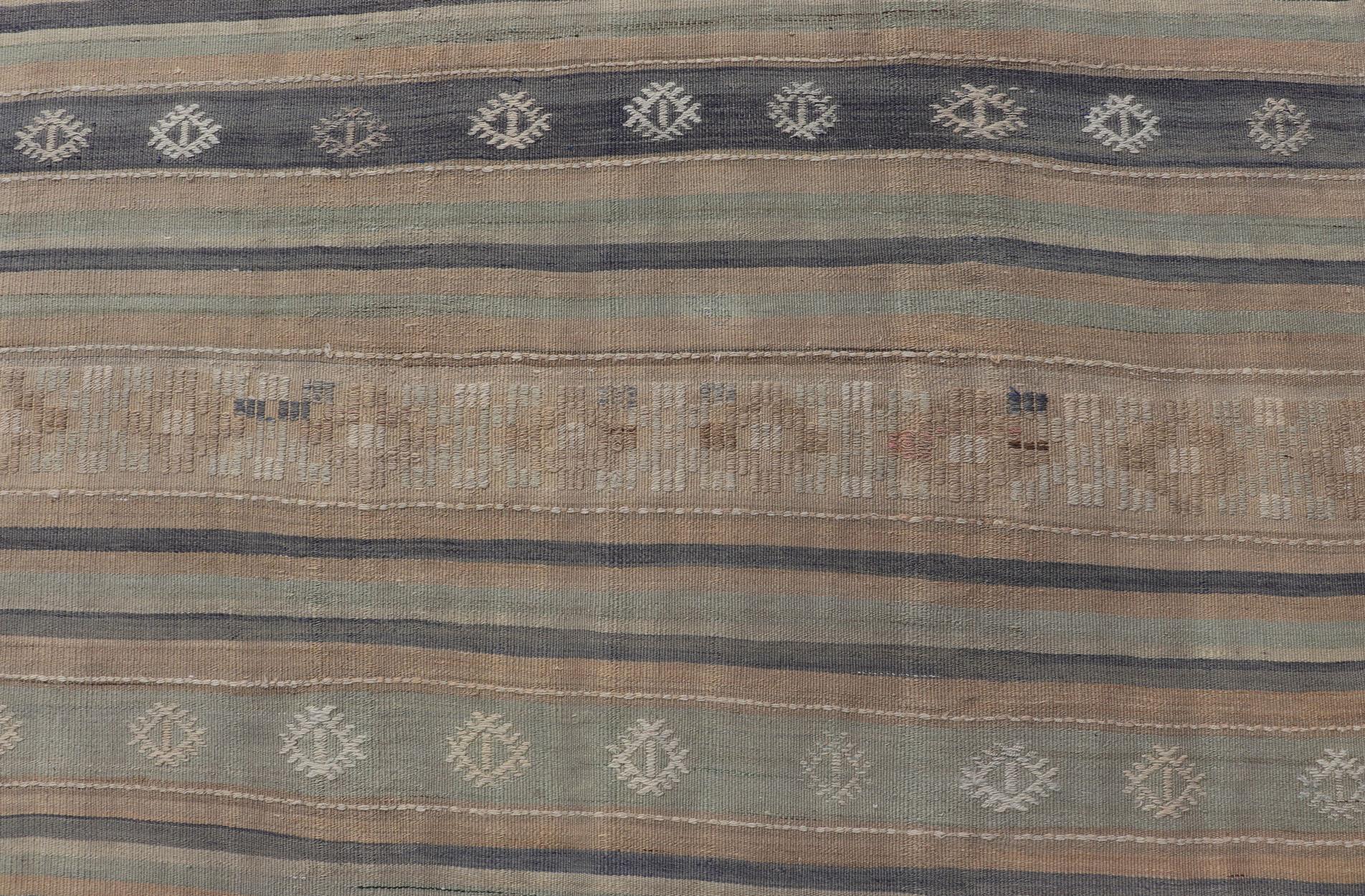 Wool Vintage Hand Woven Turkish Kilim with Stripes in Light Taupe and Neutral Colors For Sale
