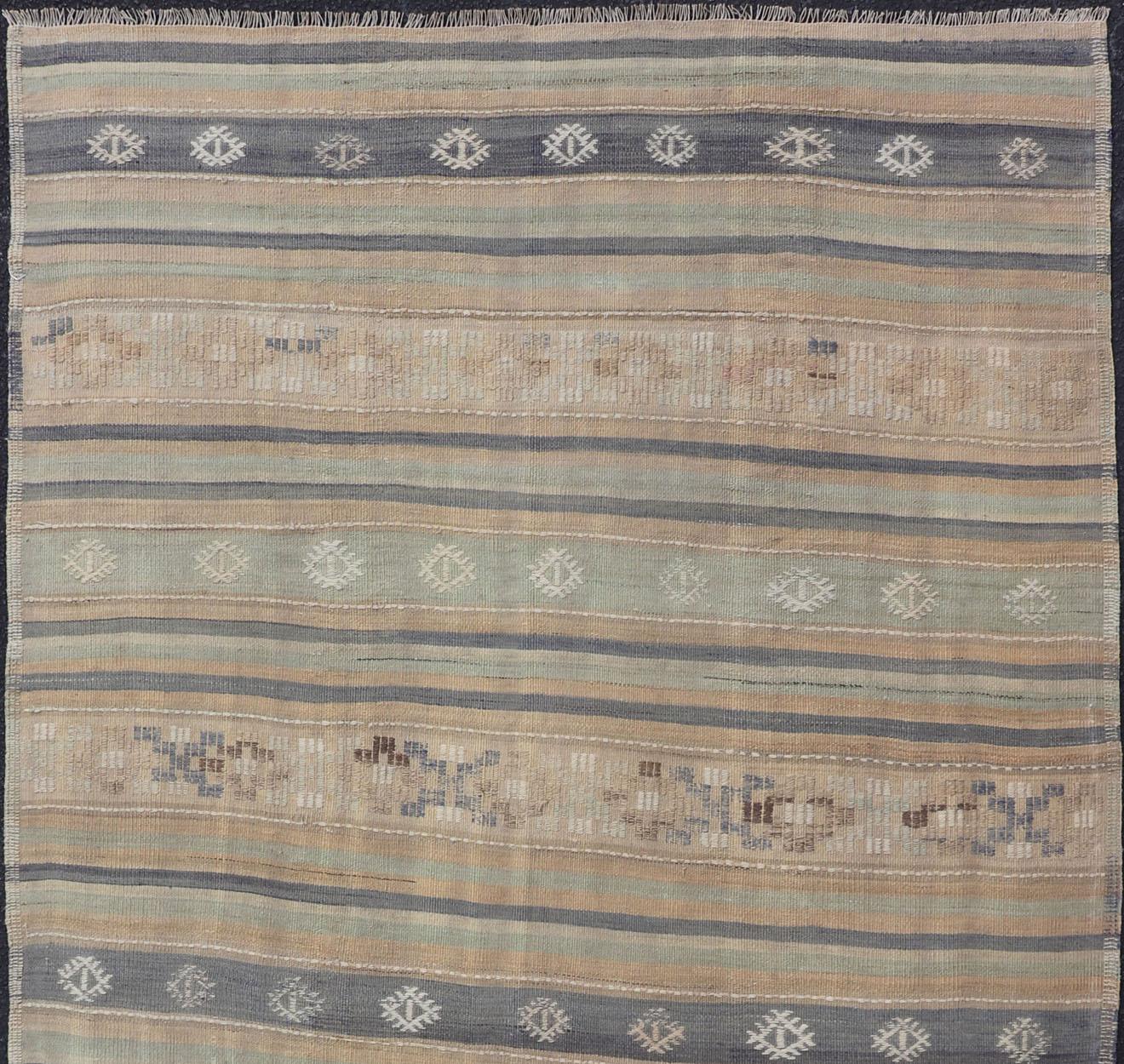 Vintage Hand Woven Turkish Kilim with Stripes in Light Taupe and Neutral Colors For Sale 2