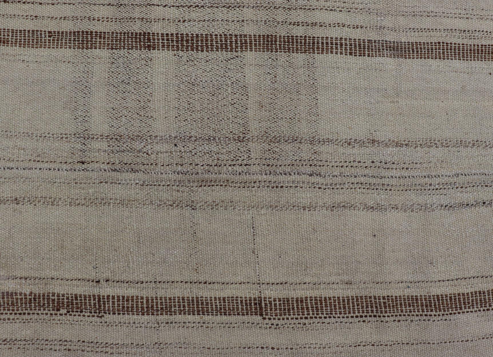 Wool Vintage Hand Woven Turkish Kilim with Stripes in Taupe, Cream & Brown For Sale