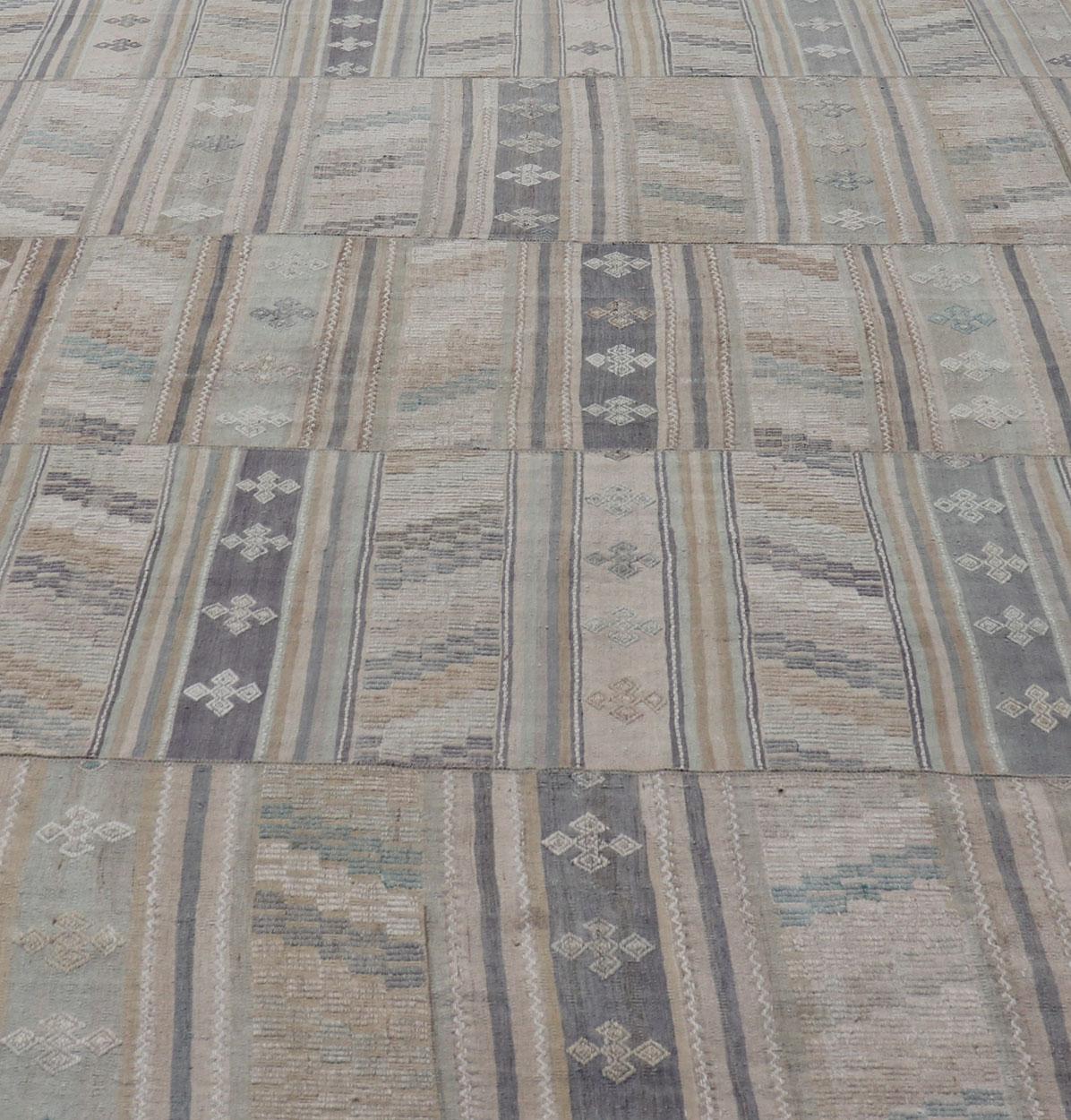 Vintage Hand Woven Turkish Paneled Kilim Vintage Rug in Muted Colors For Sale 4