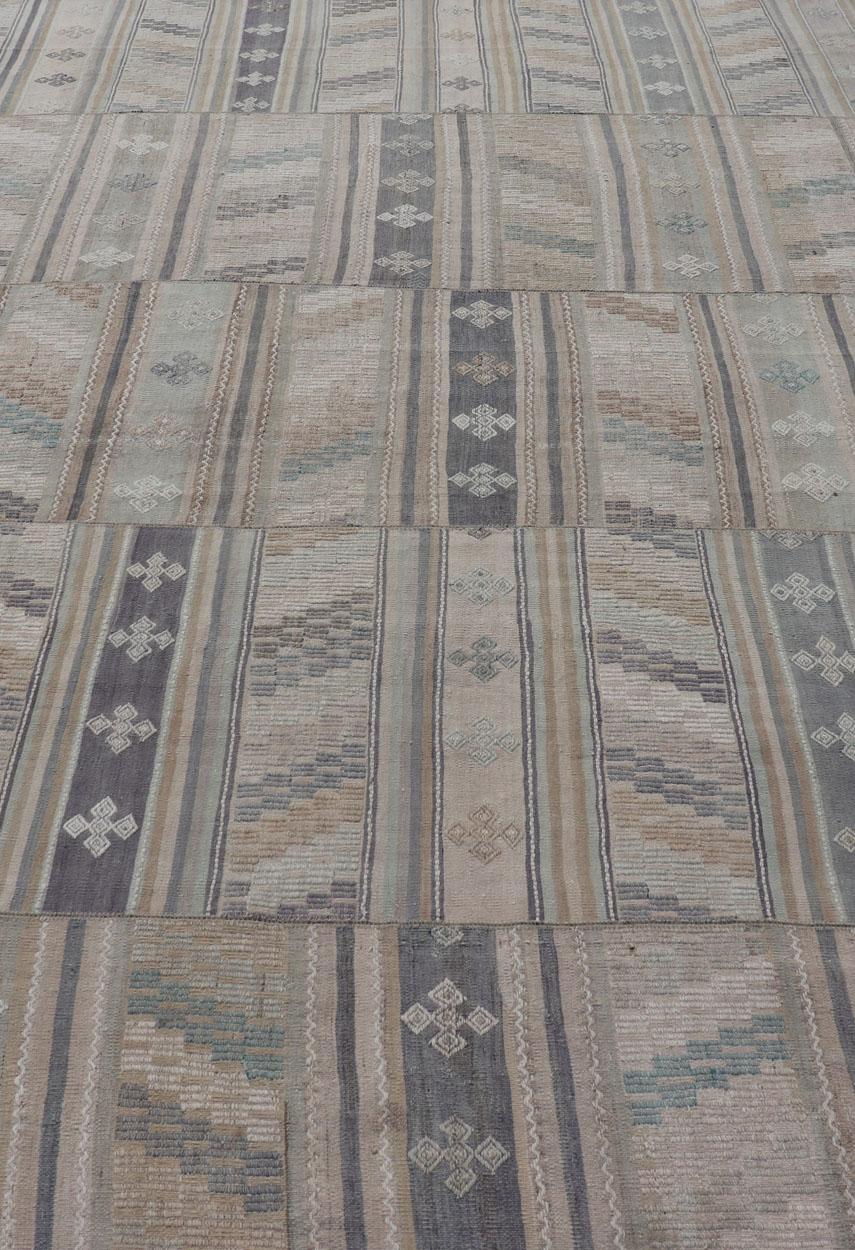 Vintage Hand Woven Turkish Paneled Kilim Vintage Rug in Muted Colors For Sale 5