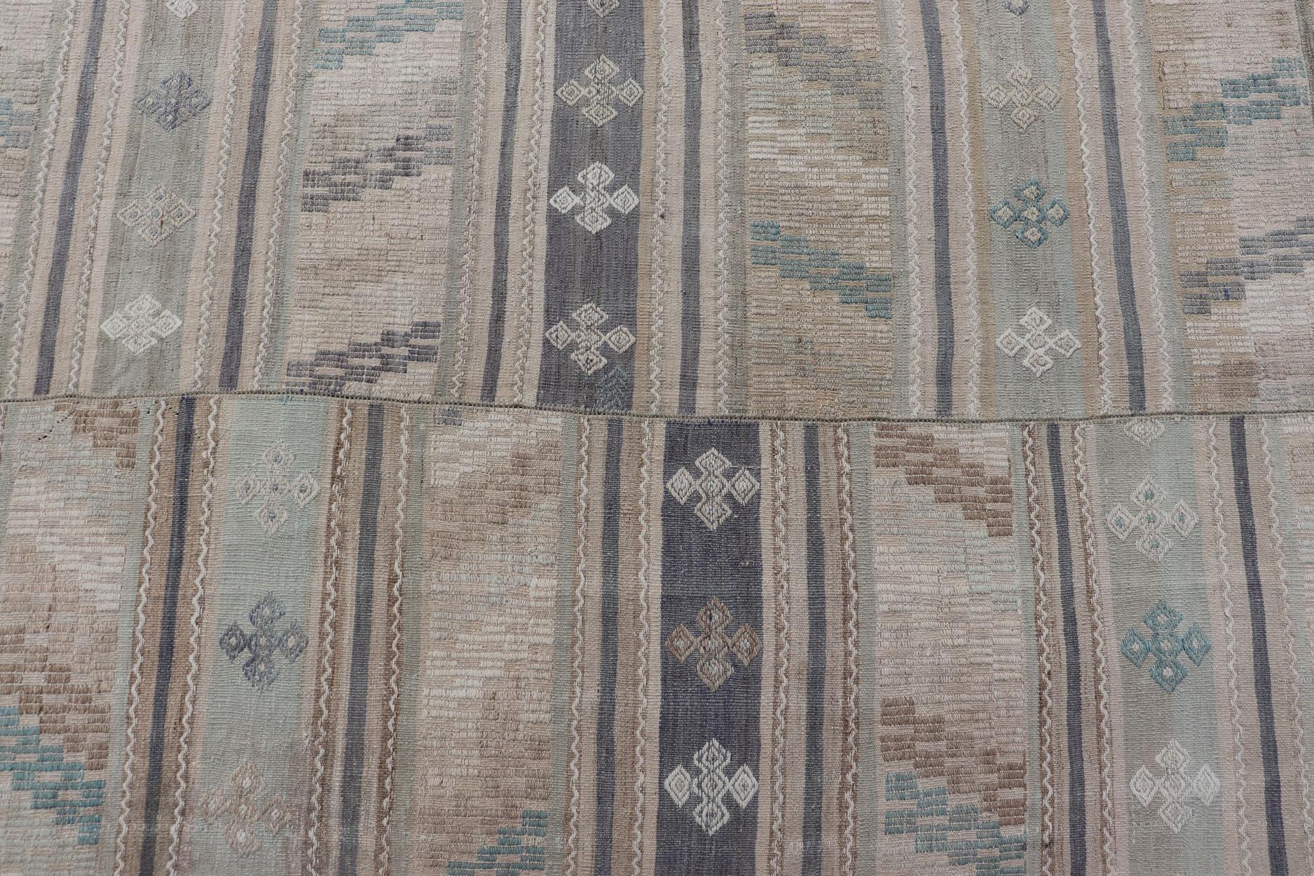 Vintage Hand Woven Turkish Paneled Kilim Vintage Rug in Muted Colors For Sale 7