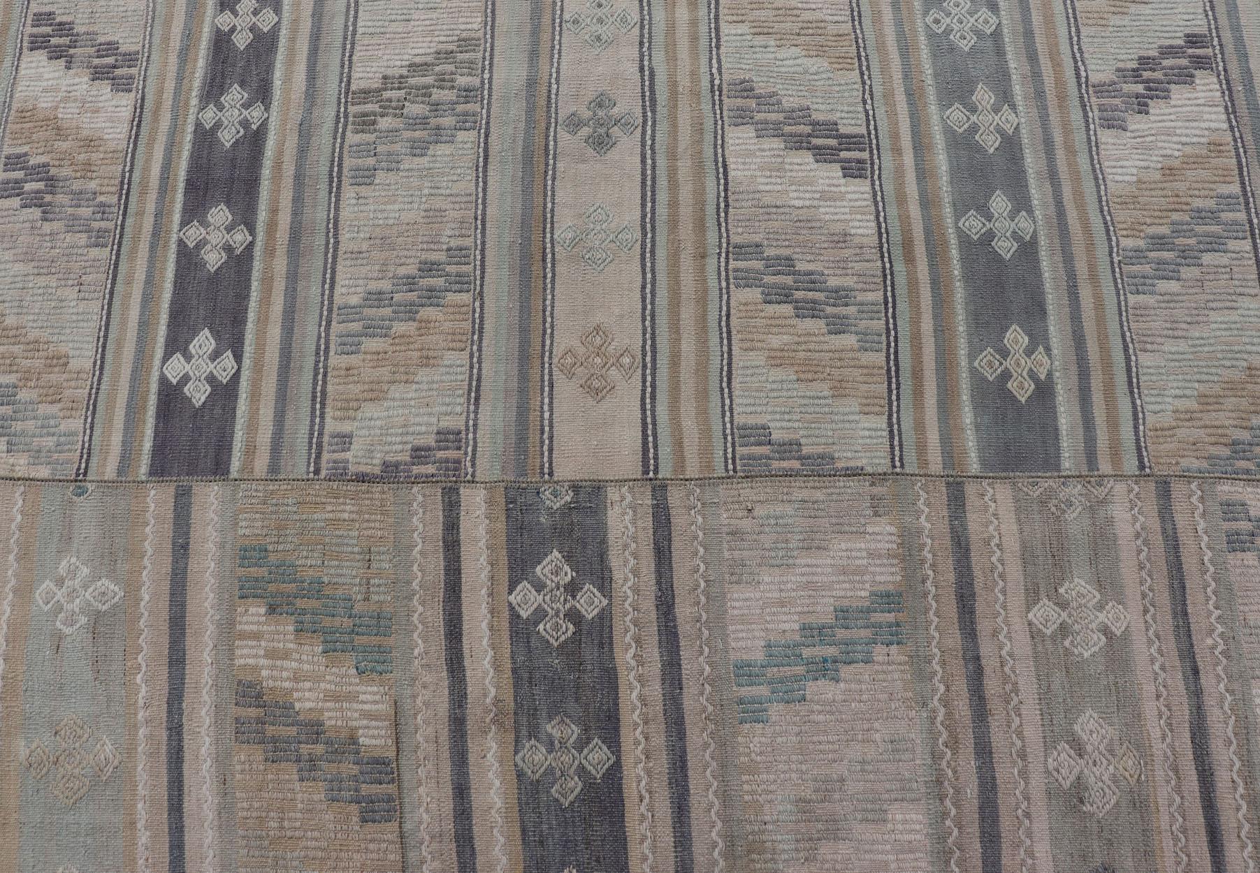 Vintage Hand Woven Turkish Paneled Kilim Vintage Rug in Muted Colors In Good Condition For Sale In Atlanta, GA