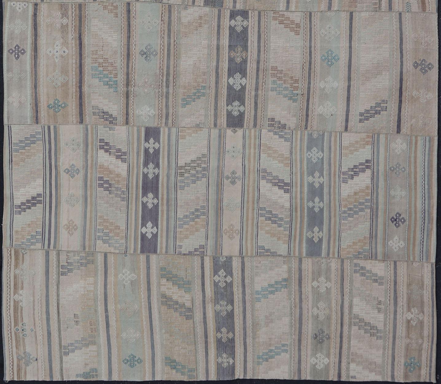 Vintage Hand Woven Turkish Paneled Kilim Vintage Rug in Muted Colors For Sale 1