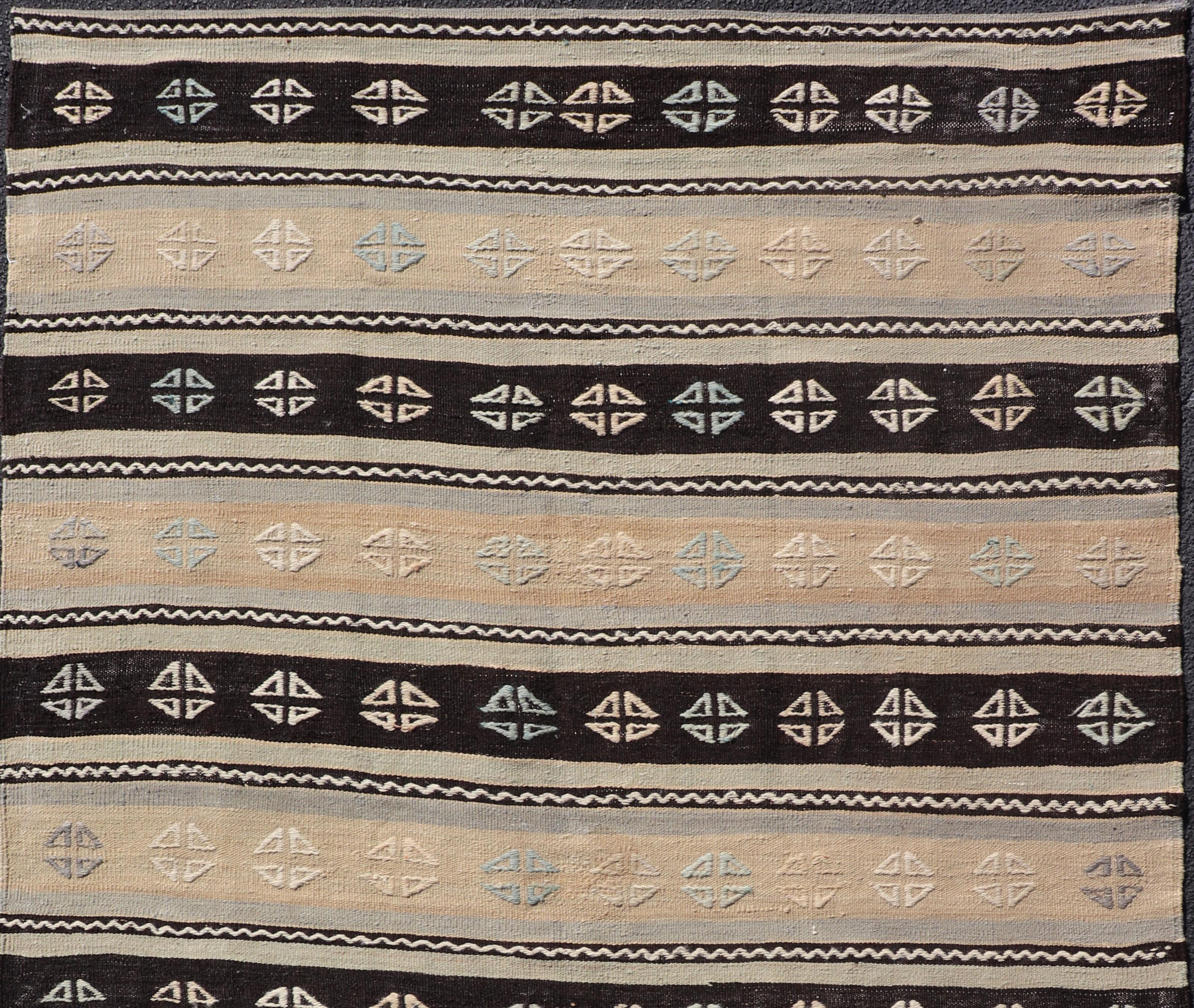 Hand-Woven Vintage Hand Woven Turkish Tribal Kilim with Stripes and Tribal Motifs