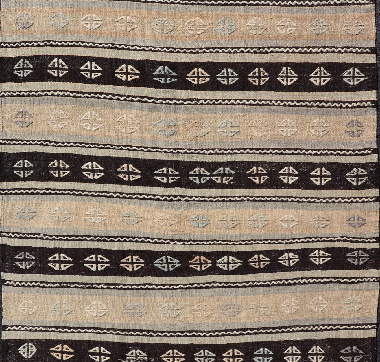 Vintage Hand Woven Turkish Tribal Kilim with Stripes and Tribal Motifs In Good Condition In Atlanta, GA