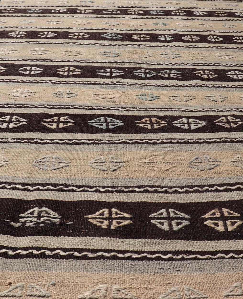 Vintage Hand Woven Turkish Tribal Kilim with Stripes and Tribal Motifs 1