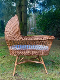 Vintage Hand-Woven Wicker Baby Crib, Cradle, ca. 1960s