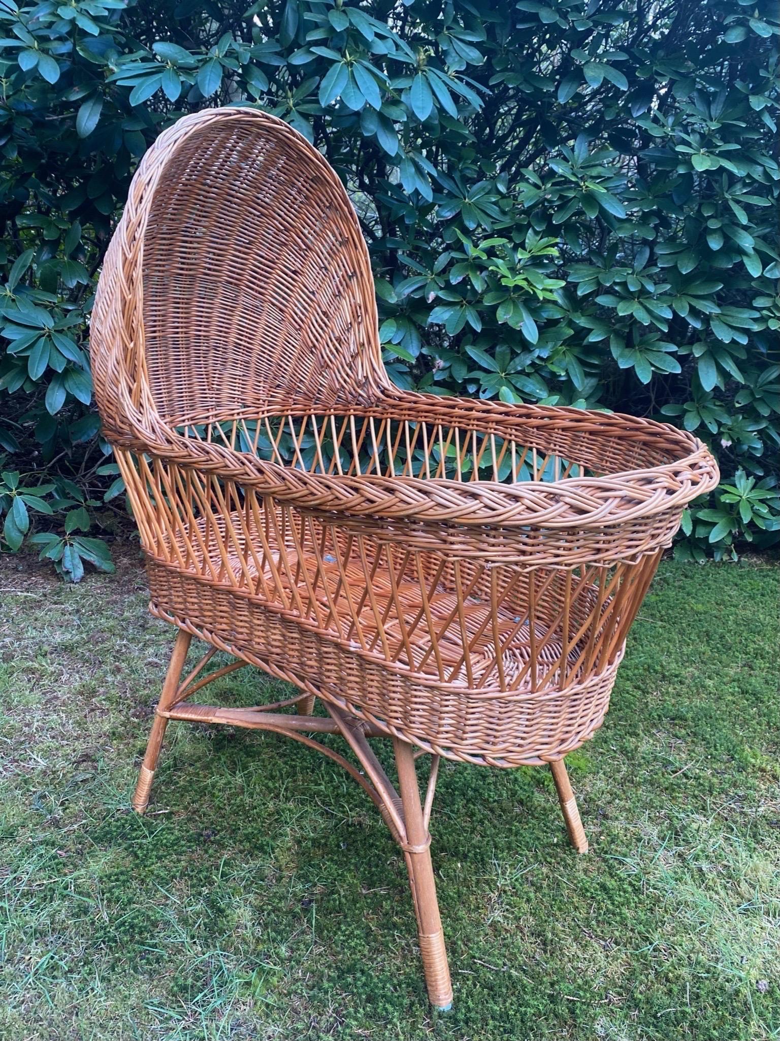 20th Century Vintage Hand-Woven Wicker Baby Crib, Cradle, ca. 1960s