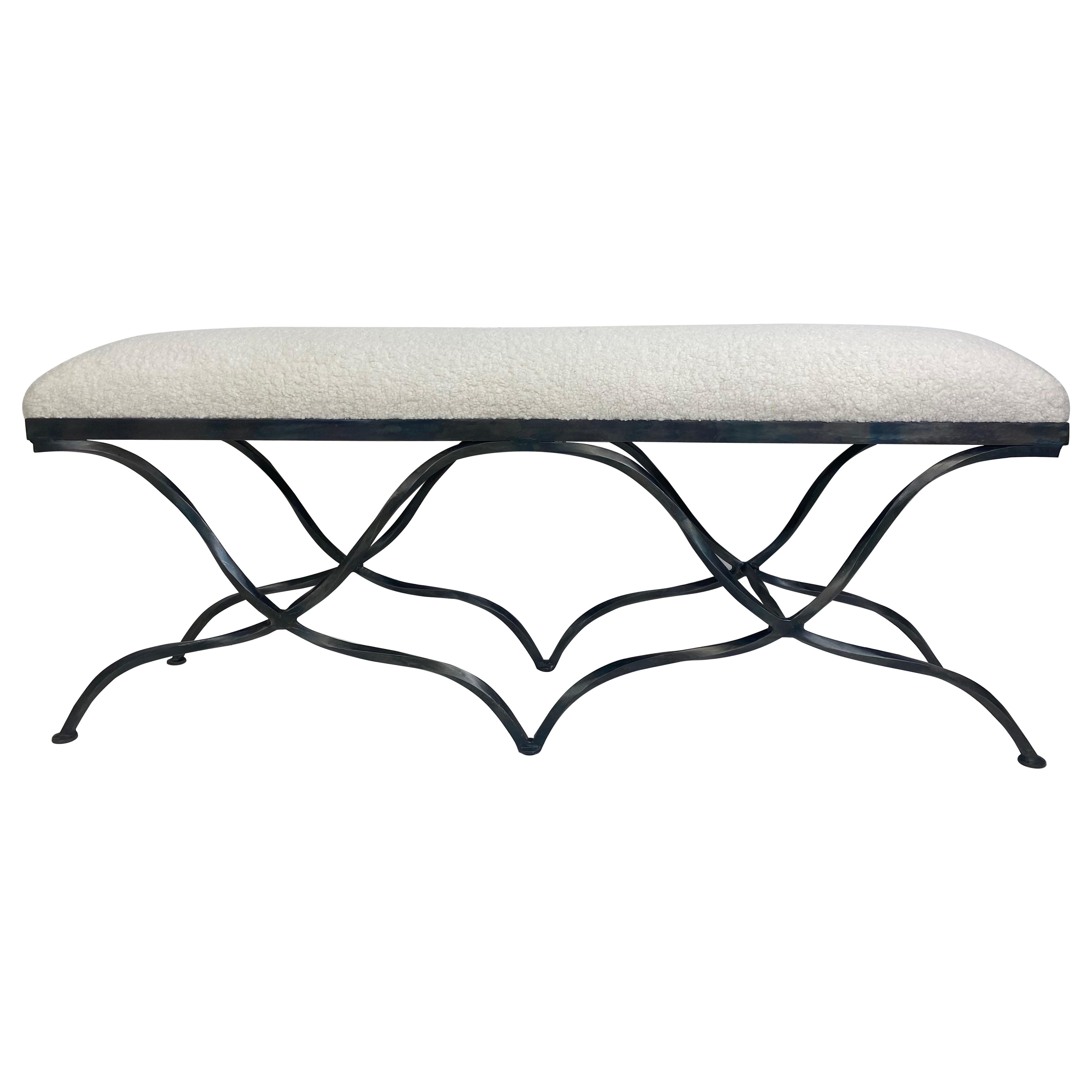 Vintage hand wrought iron upholstered bench