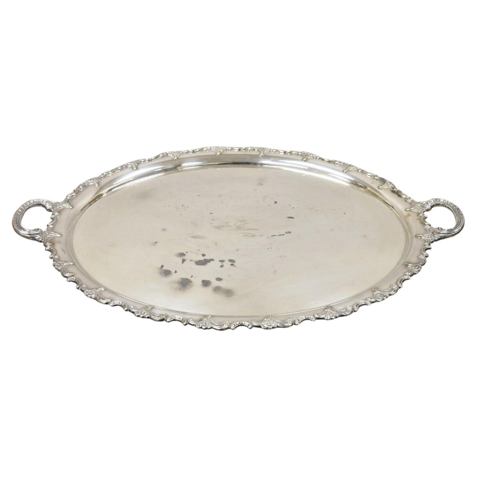 Vintage Handarbelt Alpacca Silver Plate Oval Tray Serving Platter For Sale