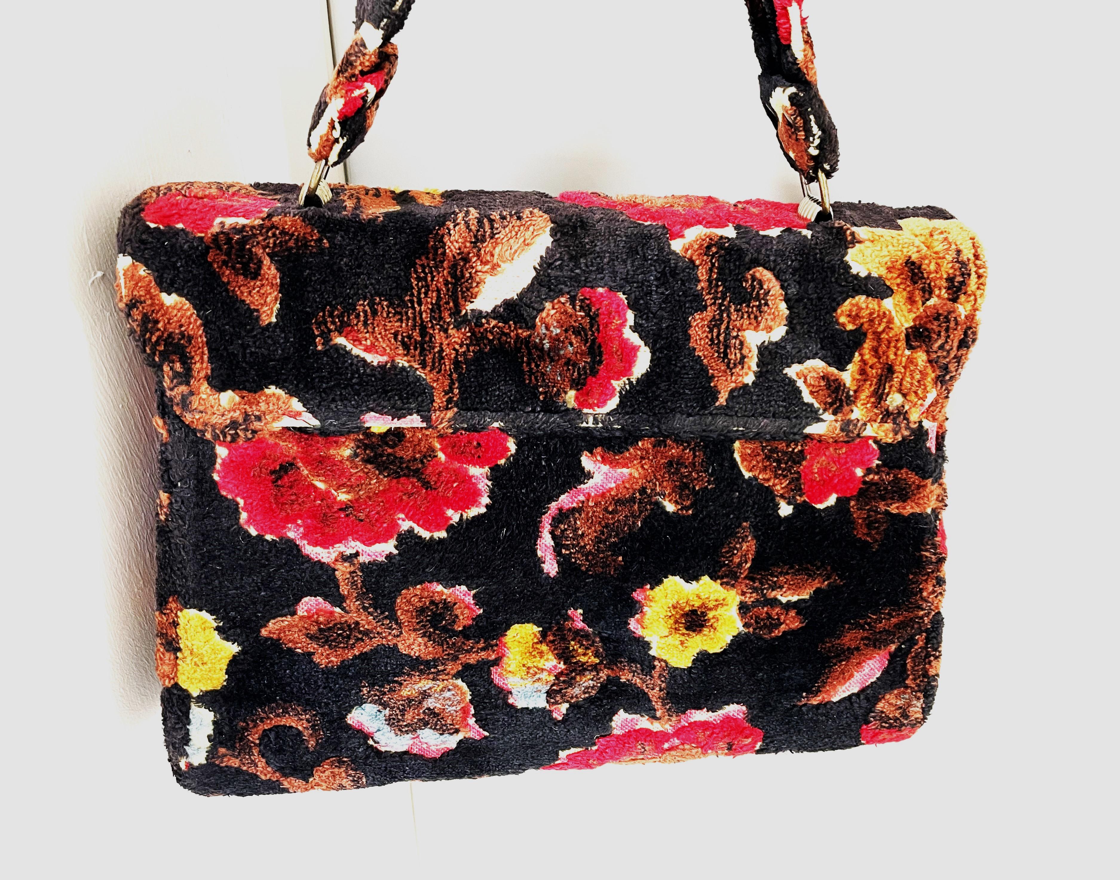 Black Vintage Handbag by 'Garay' USA, Chenille flowers in diferent colors, USA 1950s  For Sale