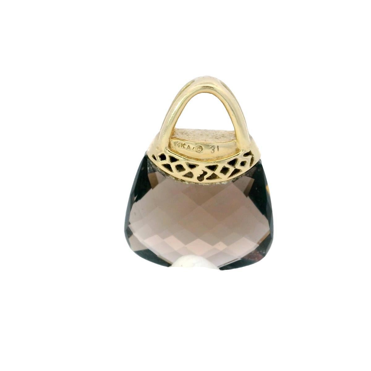 Pendentif de sac à main vintage en or jaune 14 carats et quartz fumé en vente 1
