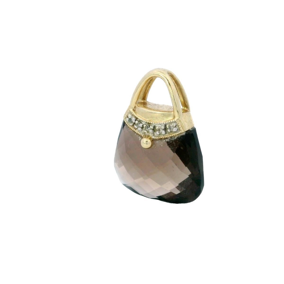 Pendentif de sac à main vintage en or jaune 14 carats et quartz fumé en vente 3