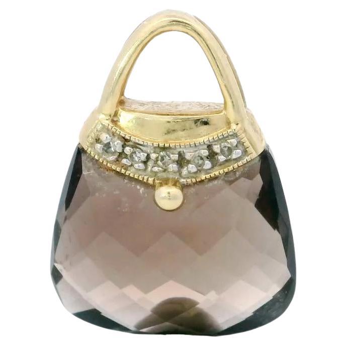 Vintage Handbag Charm Pendant 14K Yellow Gold Smoky Quartz