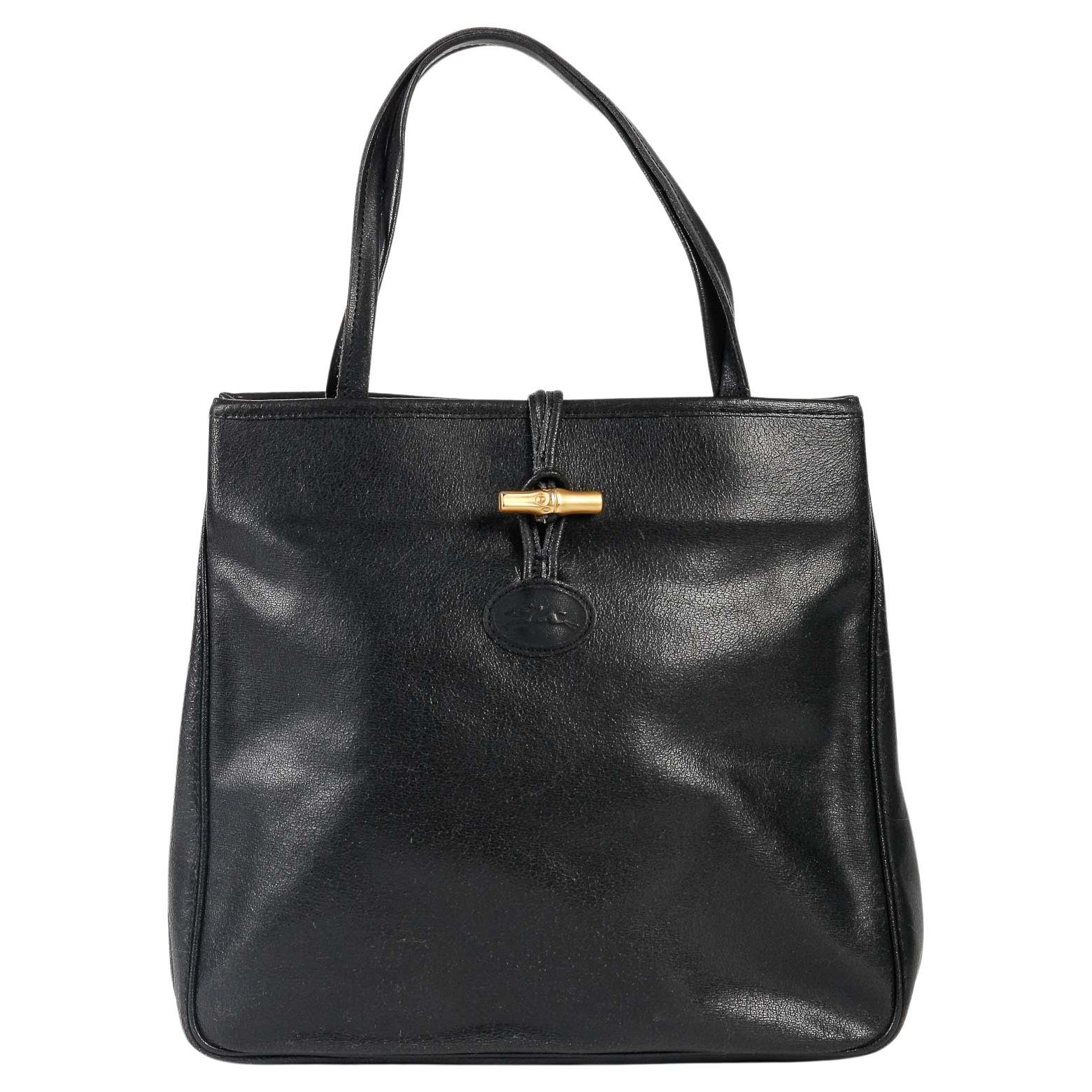 Vintage Handbag, Longchamp, Black Leather, XXth Century. For Sale