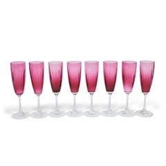 Vintage Handblown Cranberry Glass Flutes with Clear Stems Set of 8