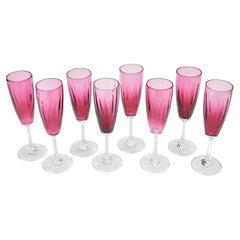 Vintage Handblown Cranberry Glass Flutes with Clear Stems Set of 8