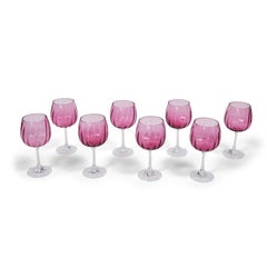 Vintage Handblown Cranberry Glass Wine Glasses with Clear Stems Set of 8