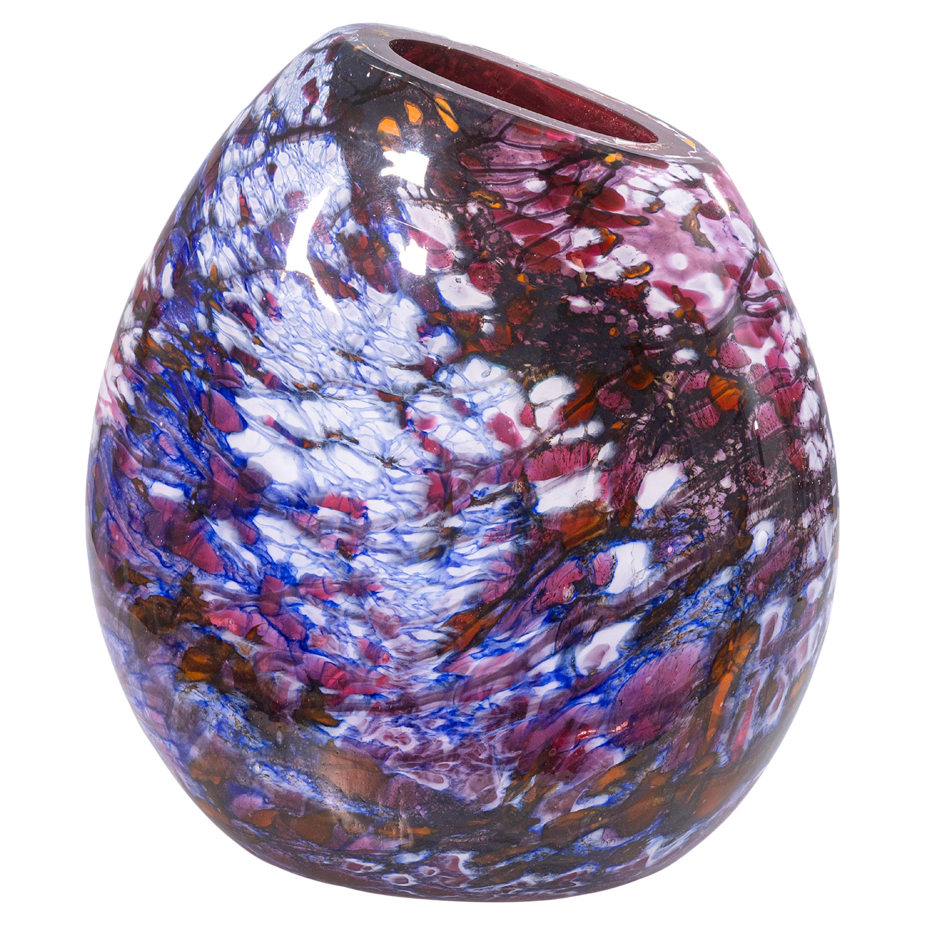 Vaso di vetro artistico vintage soffiato a mano viola multicolore firmato