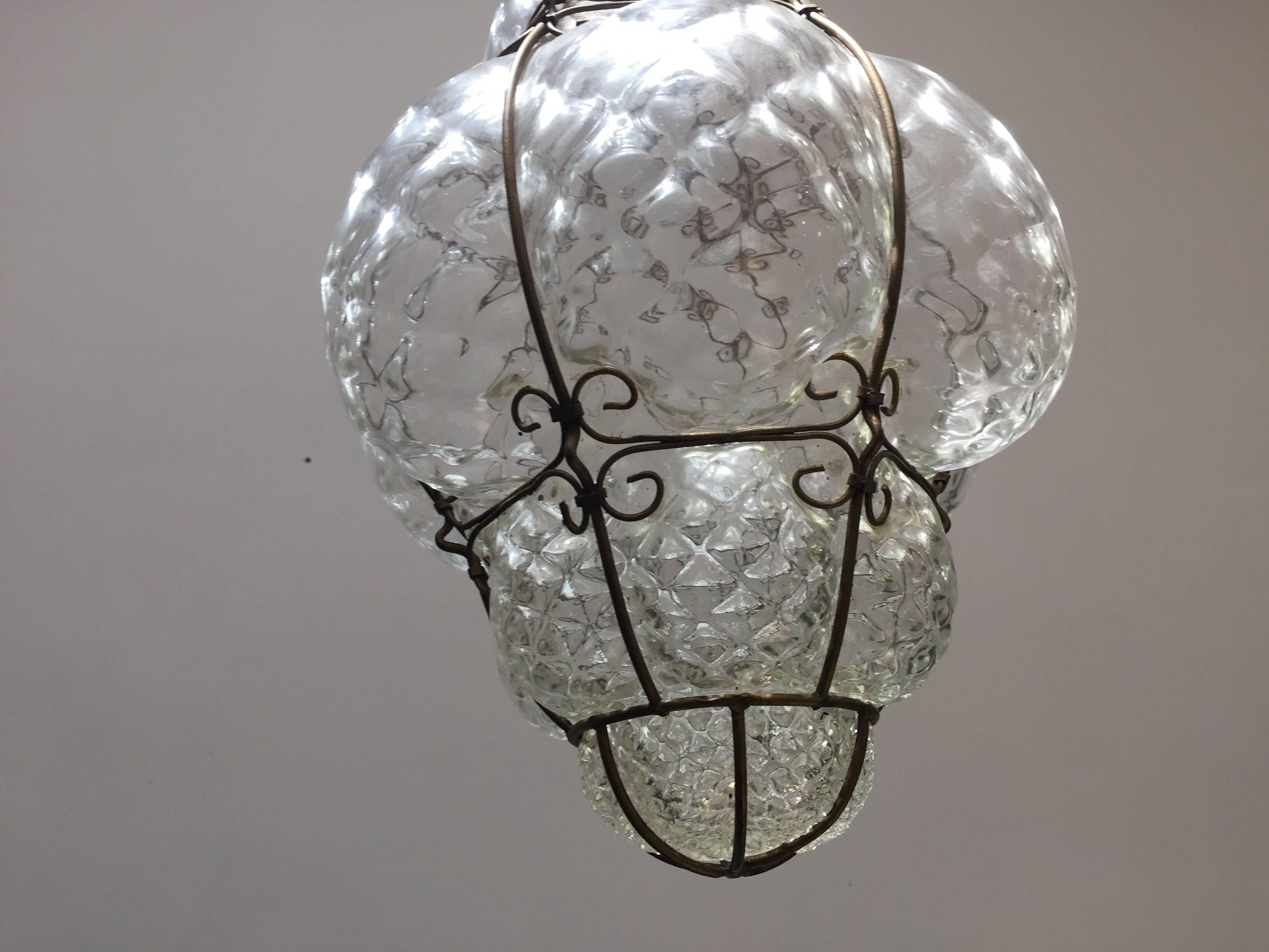 Metal Vintage Handblown Seguso Murano Clear Glass Cage Pendant Light