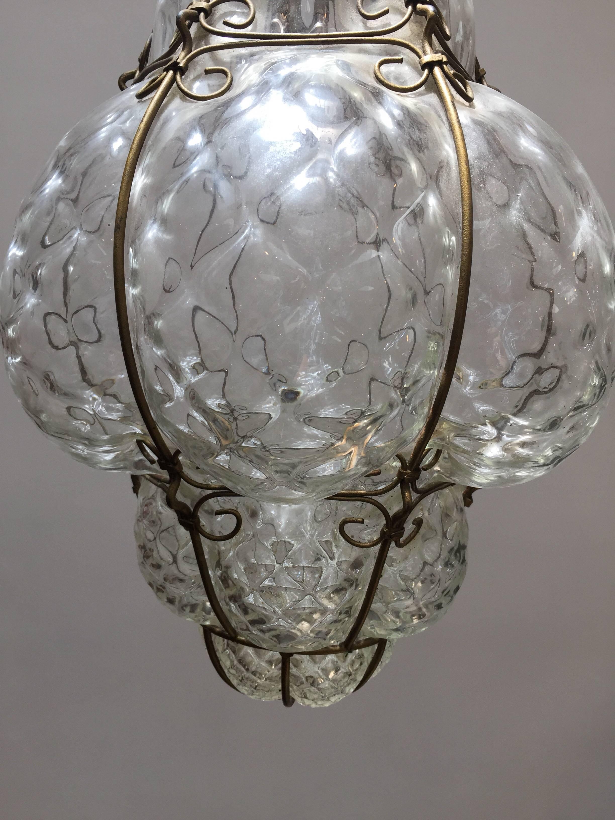 Vintage Handblown Seguso Murano Clear Glass Cage Pendant Light 1