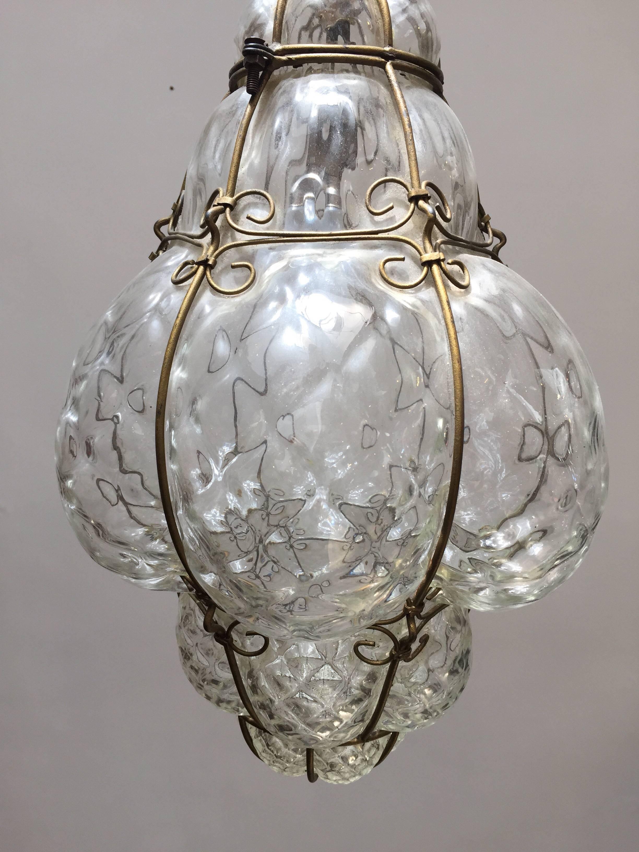 Vintage Handblown Seguso Murano Clear Glass Cage Pendant Light 4