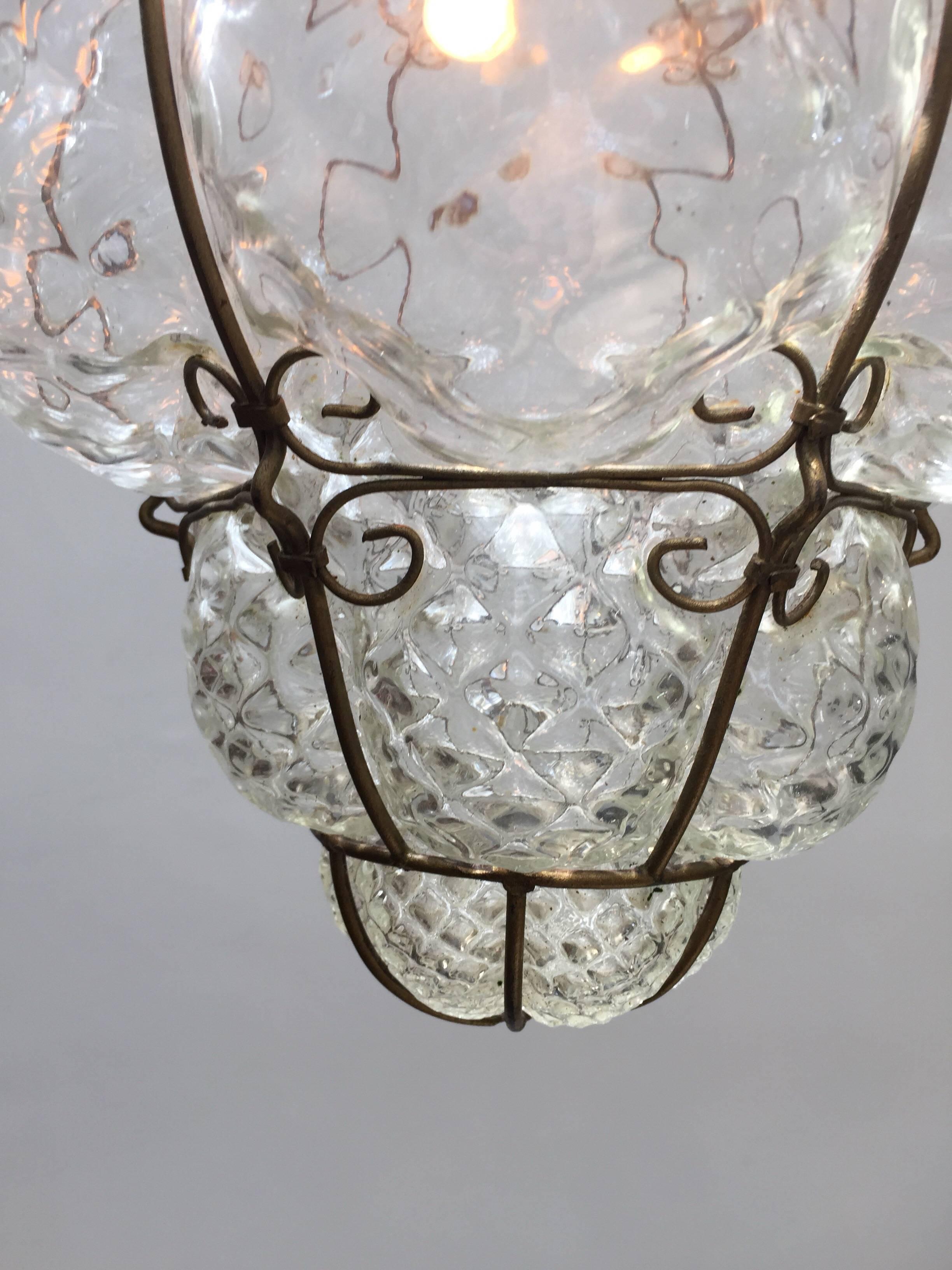 Bohemian Vintage Handblown Seguso Murano Clear Glass Cage Pendant Light