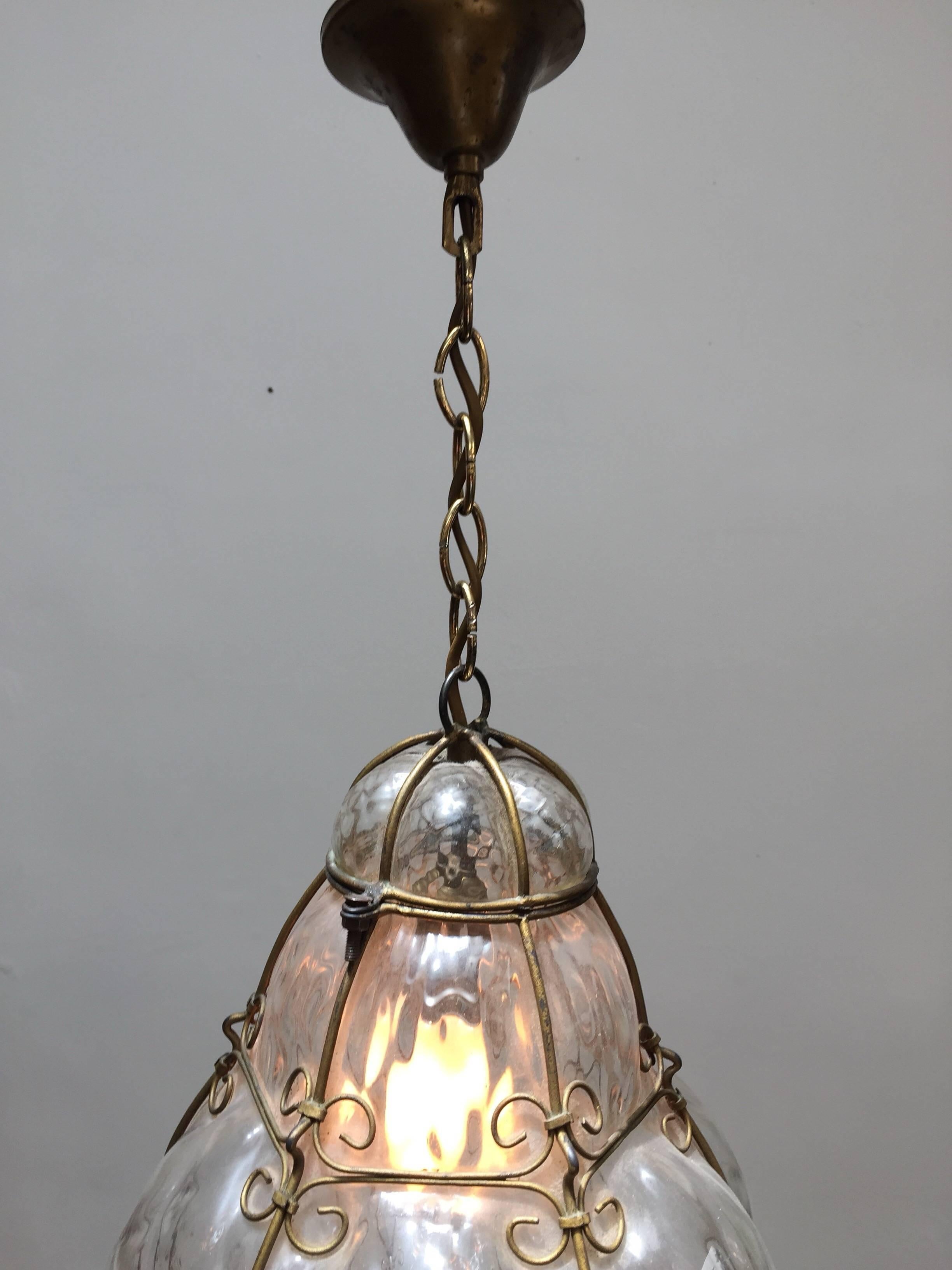 Hand-Crafted Vintage Handblown Seguso Murano Clear Glass Cage Pendant Light