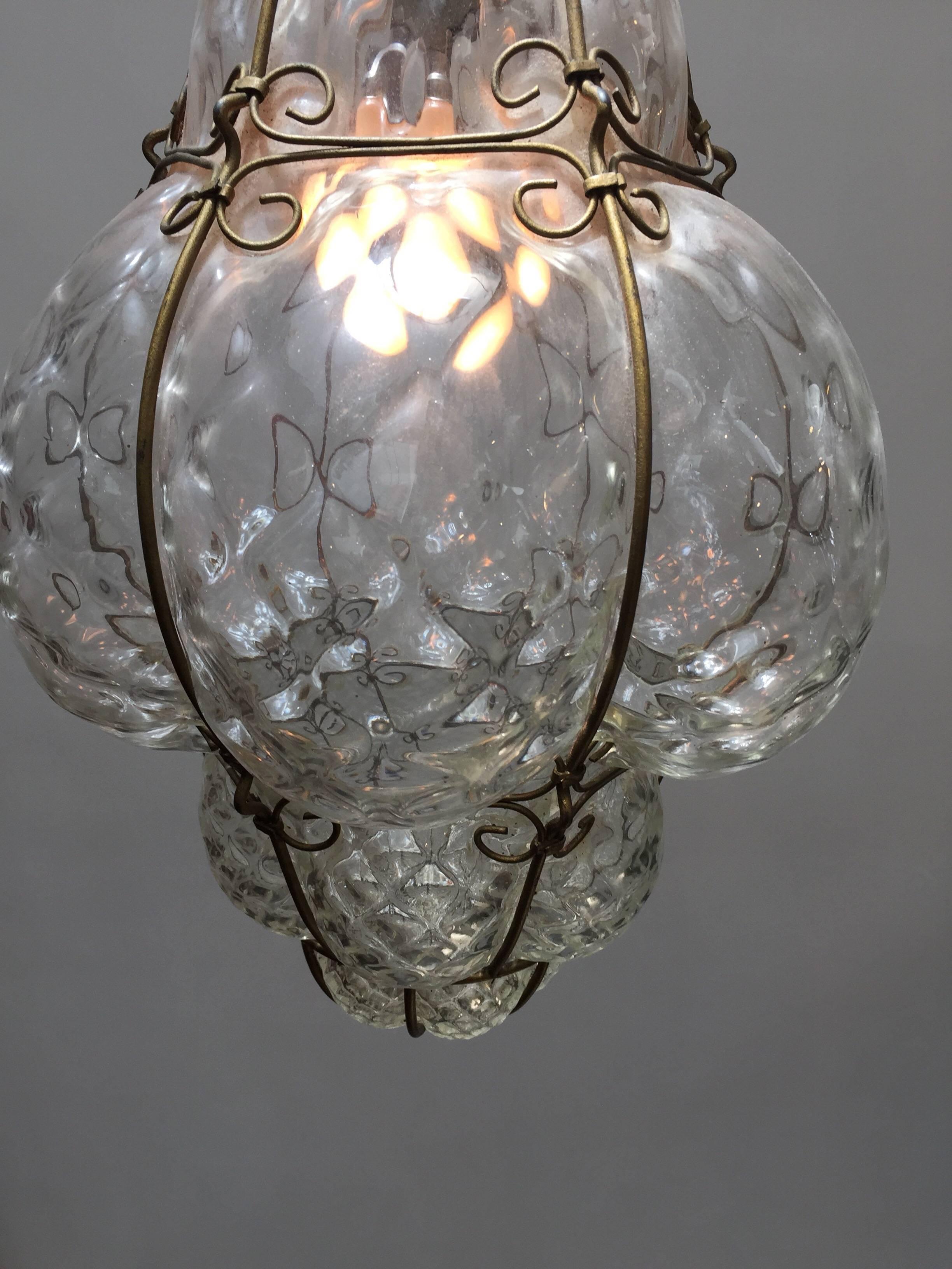 Vintage Handblown Seguso Murano Clear Glass Cage Pendant Light In Good Condition In North Hollywood, CA