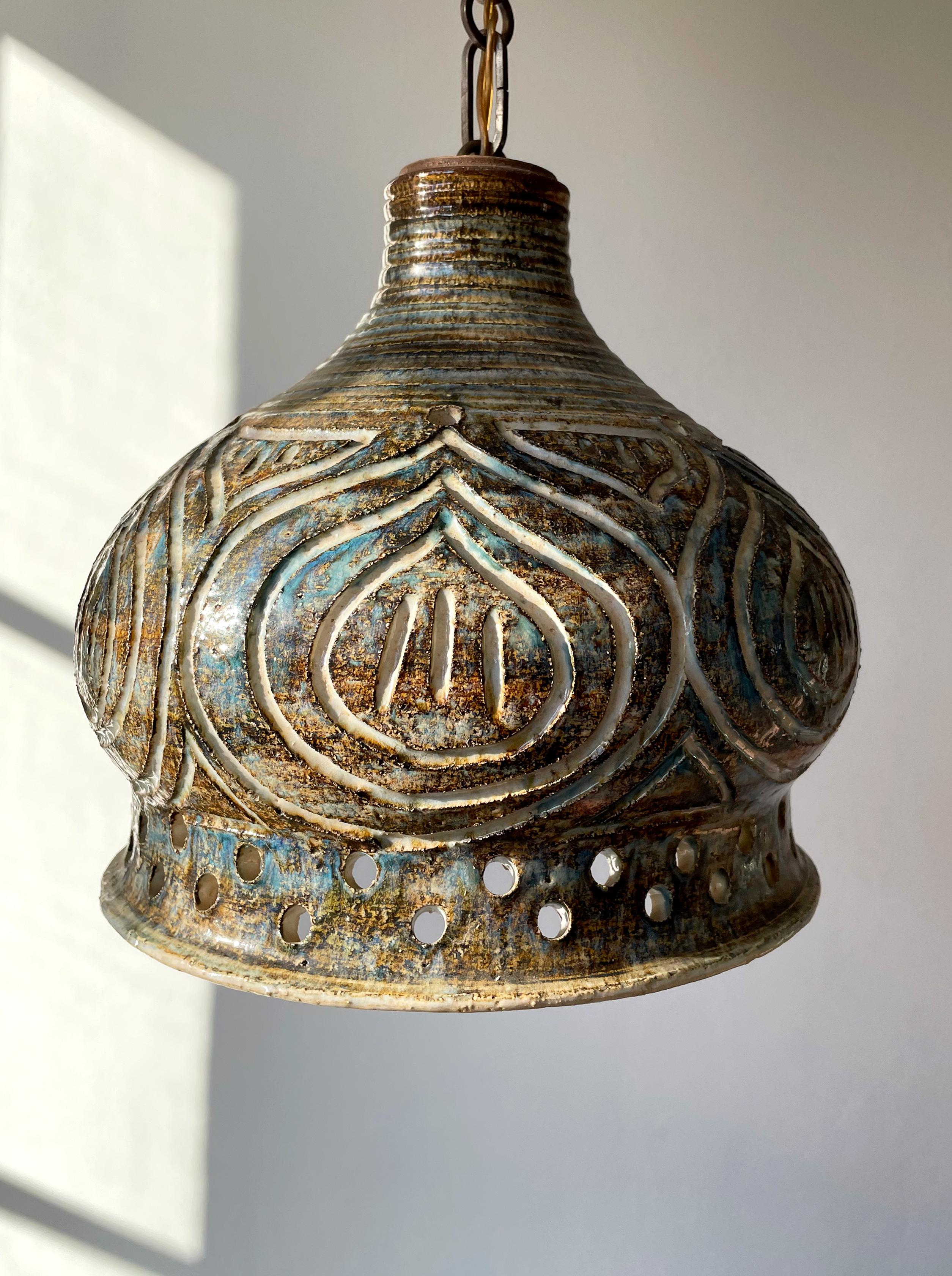 Hand-Carved Vintage Bell Shaped Ceramic Pendant, Denmark, 1970s For Sale